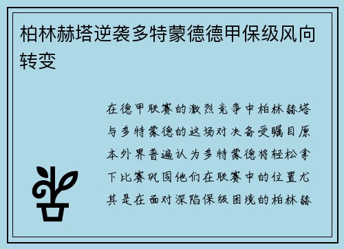柏林赫塔逆袭多特蒙德德甲保级风向转变
