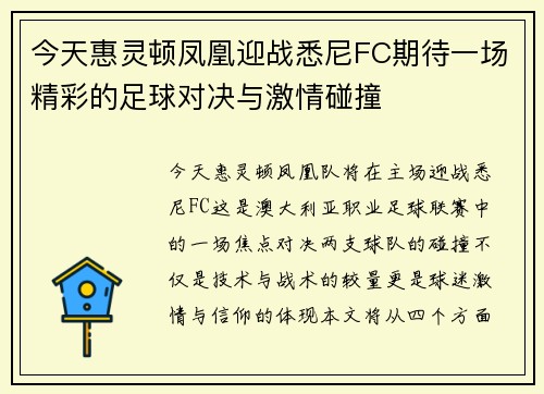 今天惠灵顿凤凰迎战悉尼FC期待一场精彩的足球对决与激情碰撞