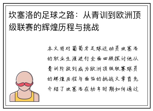 坎塞洛的足球之路：从青训到欧洲顶级联赛的辉煌历程与挑战