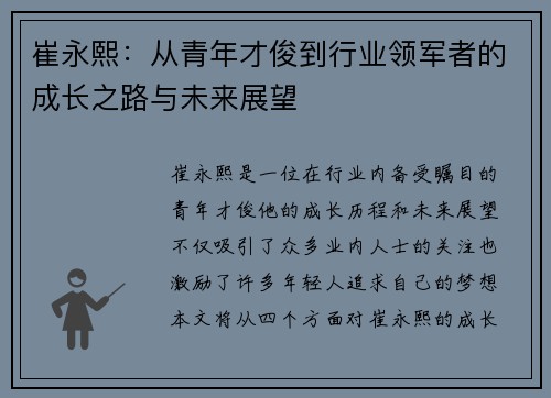 崔永熙：从青年才俊到行业领军者的成长之路与未来展望