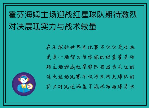 霍芬海姆主场迎战红星球队期待激烈对决展现实力与战术较量