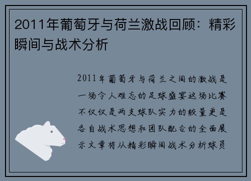 2011年葡萄牙与荷兰激战回顾：精彩瞬间与战术分析