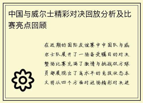 中国与威尔士精彩对决回放分析及比赛亮点回顾