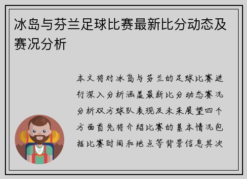 冰岛与芬兰足球比赛最新比分动态及赛况分析
