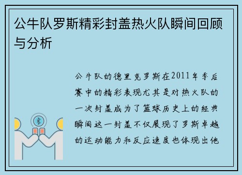 公牛队罗斯精彩封盖热火队瞬间回顾与分析