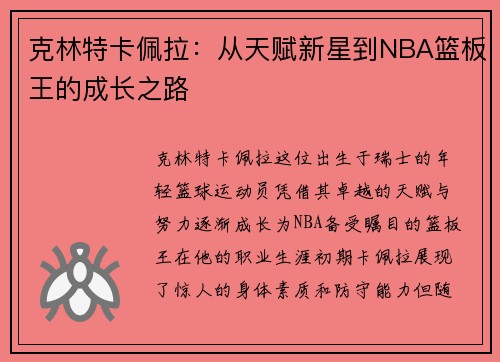 克林特卡佩拉：从天赋新星到NBA篮板王的成长之路