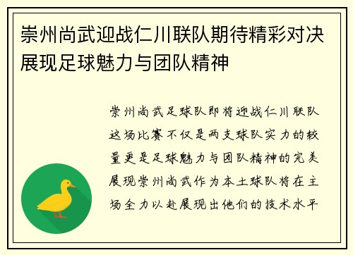 崇州尚武迎战仁川联队期待精彩对决展现足球魅力与团队精神