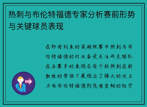 热刺与布伦特福德专家分析赛前形势与关键球员表现