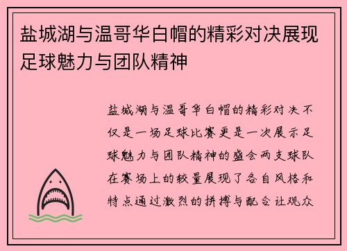 盐城湖与温哥华白帽的精彩对决展现足球魅力与团队精神