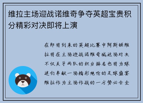 维拉主场迎战诺维奇争夺英超宝贵积分精彩对决即将上演