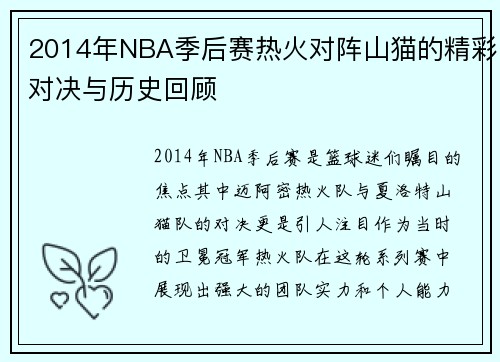 2014年NBA季后赛热火对阵山猫的精彩对决与历史回顾