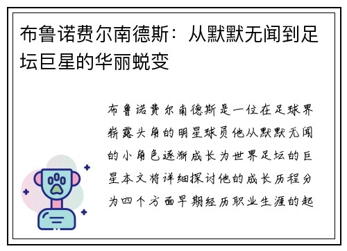 布鲁诺费尔南德斯：从默默无闻到足坛巨星的华丽蜕变