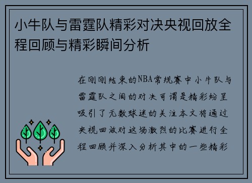 小牛队与雷霆队精彩对决央视回放全程回顾与精彩瞬间分析