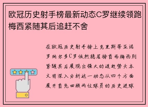 欧冠历史射手榜最新动态C罗继续领跑梅西紧随其后追赶不舍