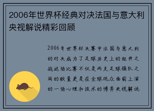 2006年世界杯经典对决法国与意大利央视解说精彩回顾