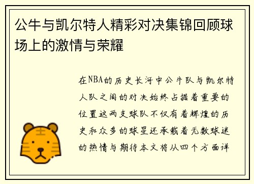 公牛与凯尔特人精彩对决集锦回顾球场上的激情与荣耀