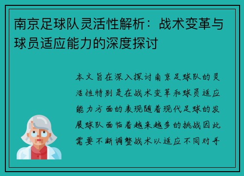 南京足球队灵活性解析：战术变革与球员适应能力的深度探讨