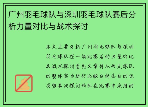 广州羽毛球队与深圳羽毛球队赛后分析力量对比与战术探讨