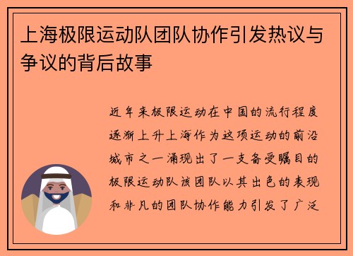上海极限运动队团队协作引发热议与争议的背后故事