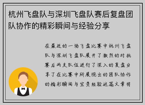 杭州飞盘队与深圳飞盘队赛后复盘团队协作的精彩瞬间与经验分享