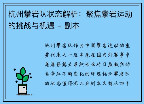 杭州攀岩队状态解析：聚焦攀岩运动的挑战与机遇 - 副本