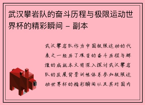 武汉攀岩队的奋斗历程与极限运动世界杯的精彩瞬间 - 副本
